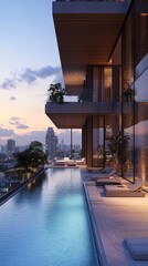 Obraz premium Luxury apartment building with rooftop pool and city views.