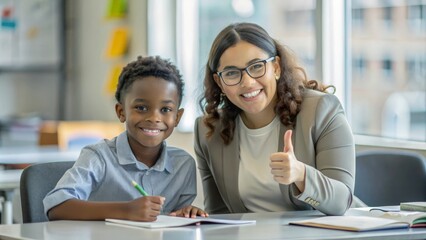 Tutoring and mentorship concept.  female teacher and happy schoolboy gesturing thumbs up and smiling sitting at desk in classroom