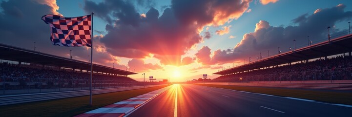 A stunning sunset view over a racetrack, capturing the vibrant colors of the sky and the excitement of racing. Perfect for sports, automotive, and event promotional materials.