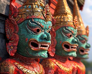Obraz premium Vibrant close-up of colorful guardian statues showcasing intricate details and traditional craftsmanship in a cultural setting.