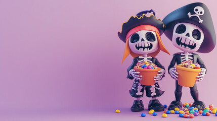 Fototapeta premium Two skeletons holding Halloween candy in their hands