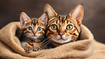 Bengal cats cuddled together in soft blanket