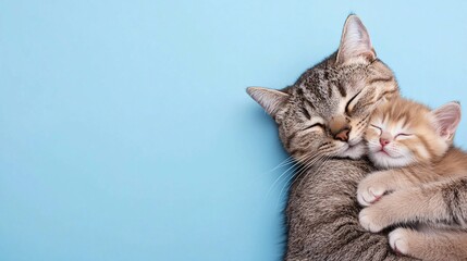 Tabby cat and kitten cuddling on blue background