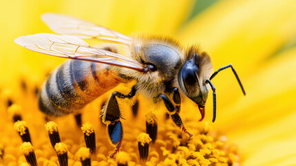 Fototapeta premium close up of bee pollinating bright yellow sunflower, showcasing intricate details of its body and wings. vibrant colors highlight beauty of nature and essential role of bees in ecosystem