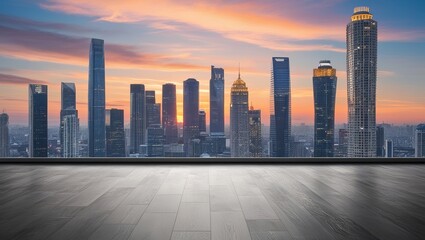Obraz premium Amazing city silhouette at sunset with skyscrapers and clouds in a clear sky with space for text.
