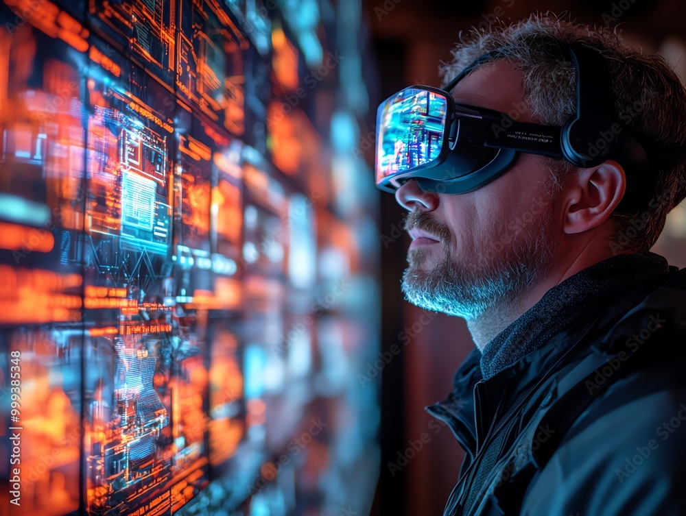 Poster man wearing vr headset in front of a glowing digital screen.