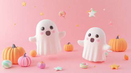 The ghosts are surrounded by pumpkins, candy, and other Halloween-themed items