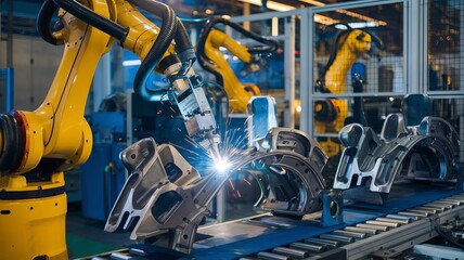 A welding robot arm is welding parts in an auto assembly plant.