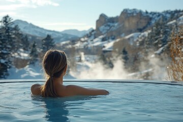 Woman enjoying outdoor hot spring with snowy mountains.