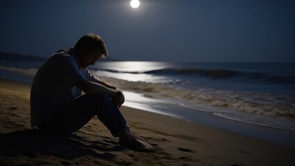 Fototapeta premium person alon on the beach at night