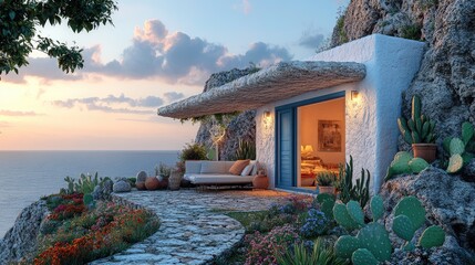 Obraz premium Charming sunset view from a cozy Greek island home