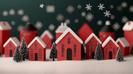 A charming scene of red paper houses set against a festive backdrop, adorned with miniature trees and falling snowflakes, evoking a cozy winter atmosphere.
