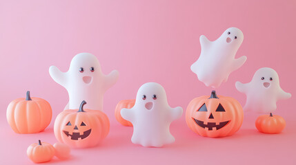 A group of Halloween decorations, including pumpkins and ghosts