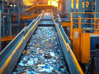 A recycling center processing paper waste, with conveyor belts and machinery converting waste paper into pulp for reuse.