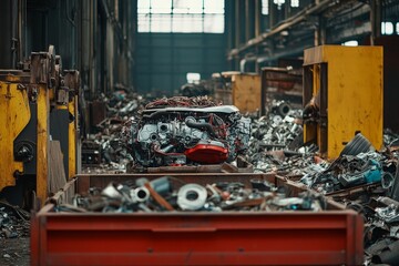Fototapeta premium A recycling facility processing old car parts such as engines and metal frames, contributing to a circular automotive supply chain.