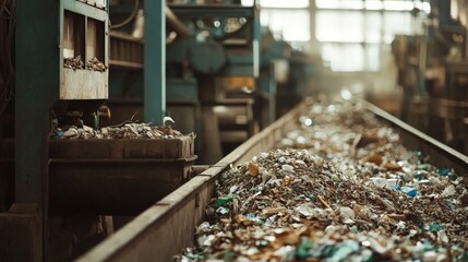 A recycling plant processing waste materials into new raw products, with machinery transforming discarded items into reusable materials.