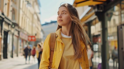 Obraz premium Urban Exploration: Young Woman Walking Through Busy City Street in Autumn