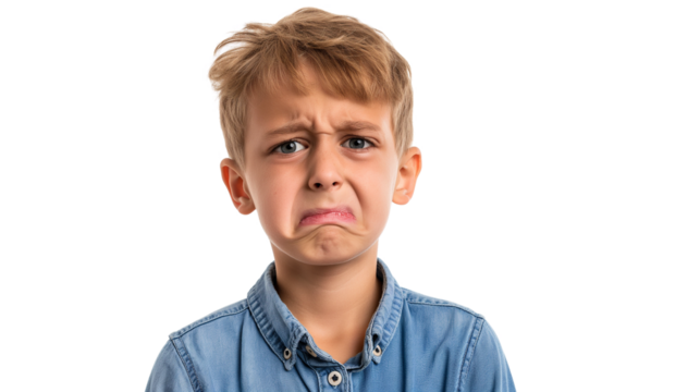Portrait of a schoolboy crying, isolated on transparent and white background, cut out png