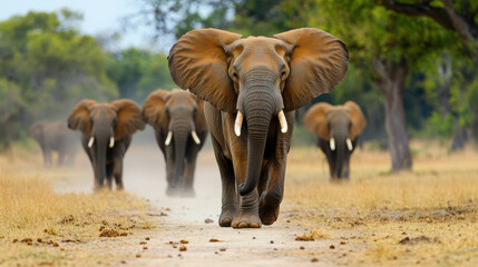 Fototapeta premium herd of elephants walking across dusty African landscape, showcasing their majestic presence and strong social bonds. scene captures beauty of wildlife in its natural habitat