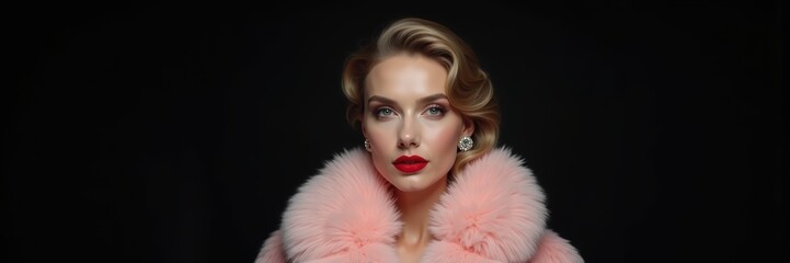 A glamorous portrait of a woman in a stylish pink fur coat, exuding elegance and sophistication against a dark backdrop.