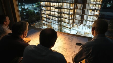 Generate a photo realistic image of procurement managers strategizing construction project procurement, with procurement strategy boards, supplier negotiations, procurement timelines, 