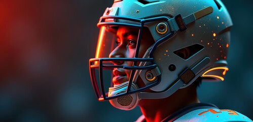 Fototapeta premium A dynamic close-up of a football player in a helmet, showcasing determination and intensity. Ideal for sports marketing, youth programs, and athletic events.