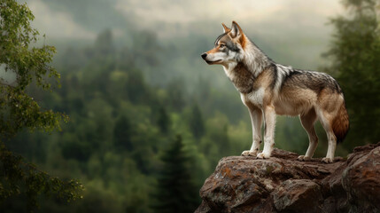 Fototapeta premium lone wolf standing on rocky ledge, overlooking lush green forest. majestic animal exudes strength and grace, embodying spirit of wild