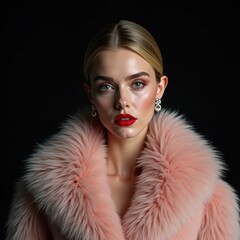 A glamorous portrait of a woman in a luxurious pink fur coat, showcasing bold makeup and elegance, perfect for fashion, beauty, or lifestyle branding.