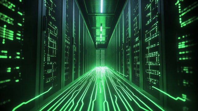 A secure server connection with encrypted data flows represented by glowing green lines between servers, ensuring data safety.