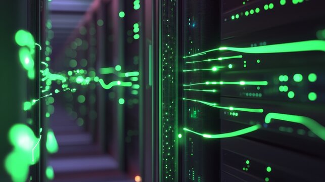 A secure server connection with encrypted data flows represented by glowing green lines between servers, ensuring data safety.