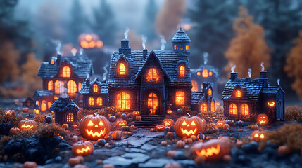 Magical Halloween Village with Pumpkins at Night
