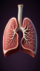 A detailed, realistic 3D illustration of human lungs showcasing the intricate branching of airways, ideal for medical, educational, and health-related projects.