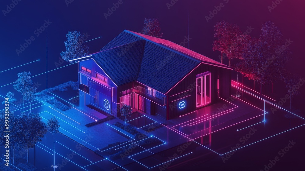 Poster a smart home with iot security solutions, showing encrypted connections between devices like cameras