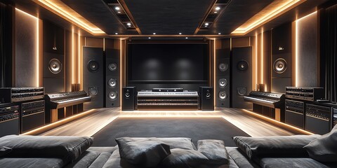 Modern home theater with a dark, minimalist design, featuring a large screen, plush seating, and a state-of-the-art sound system.