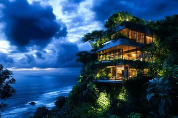 Obraz premium Modern Cliffside Villa with Ocean View and Lush Greenery at Dusk