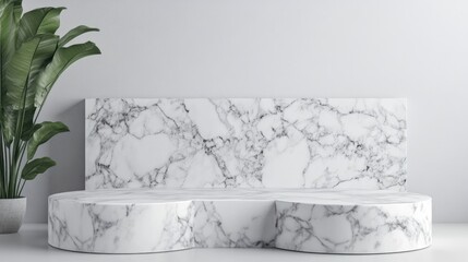 Obraz premium White Marble Platform with a Green Plant in a Minimalist Setting
