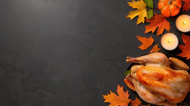 A beautifully roasted turkey surrounded by autumn leaves and candles, set against a dark background, creating a warm, festive atmosphere.