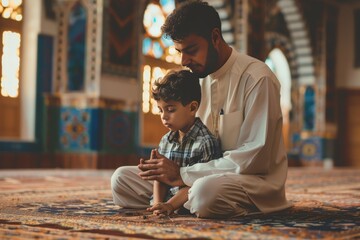 Obraz premium A man and a boy are praying together, generative ai image