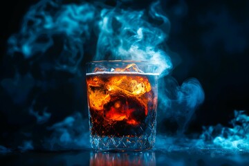 Cold Drink with Ice Cubes in Glass with Blue Smoke on Black Background