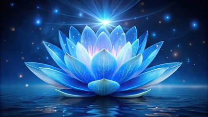 A beautiful blue lotus water lily flower glowing at night under aerial view