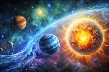 Obraz premium A beautifully illustrated aerial view of space weather and solar flares in a watercolor style