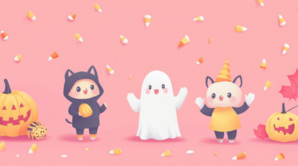 Naklejka premium A cartoonish Halloween scene with three small characters dressed in costumes