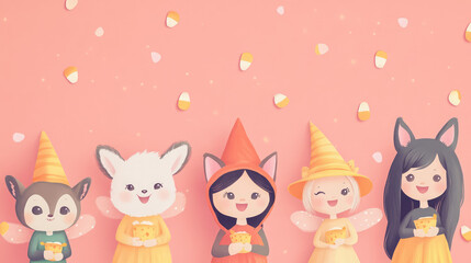 Naklejka premium A group of cartoon characters are wearing costumes and holding candy