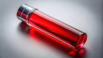 A bottle of red aromatic oil in a glass tube
