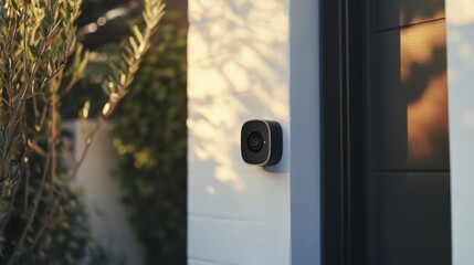 A black security camera mounted on a white wall with a blurred background of a green bush and a glass door.