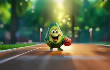 A happy avocado character wearing green sneakers holds a basketball on a bright orange basketball court with green grass and trees in the background.