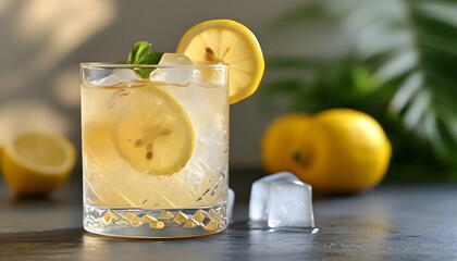 Chilled lemonade with ice and lemon slice, perfect for a sunny day