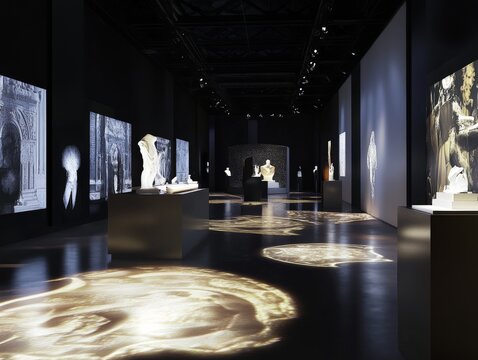 A virtual museum with interactive design elements, allowing users to explore exhibits and manipulate objects in a digital environment.