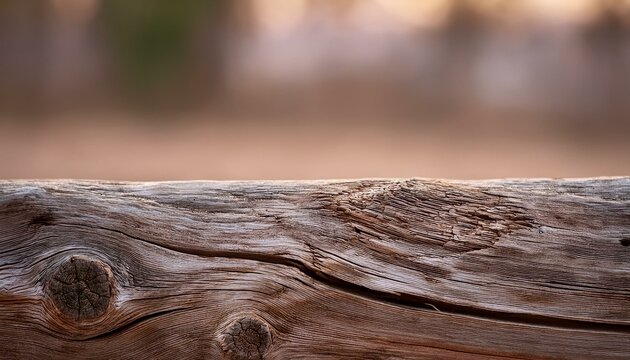 A rough, splintery plank with visible grain and cracks, with a blurred, neutral-toned backgr