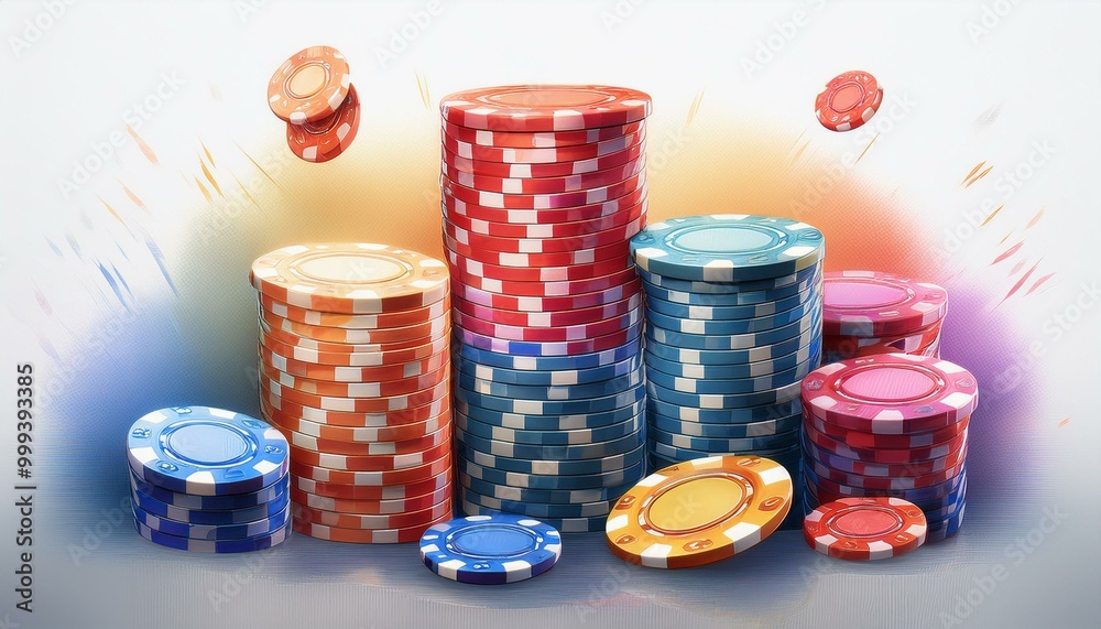 Wall mural  A sleek, minimalistic scene with colorful casino chips suspended in mid-air, their fine deta